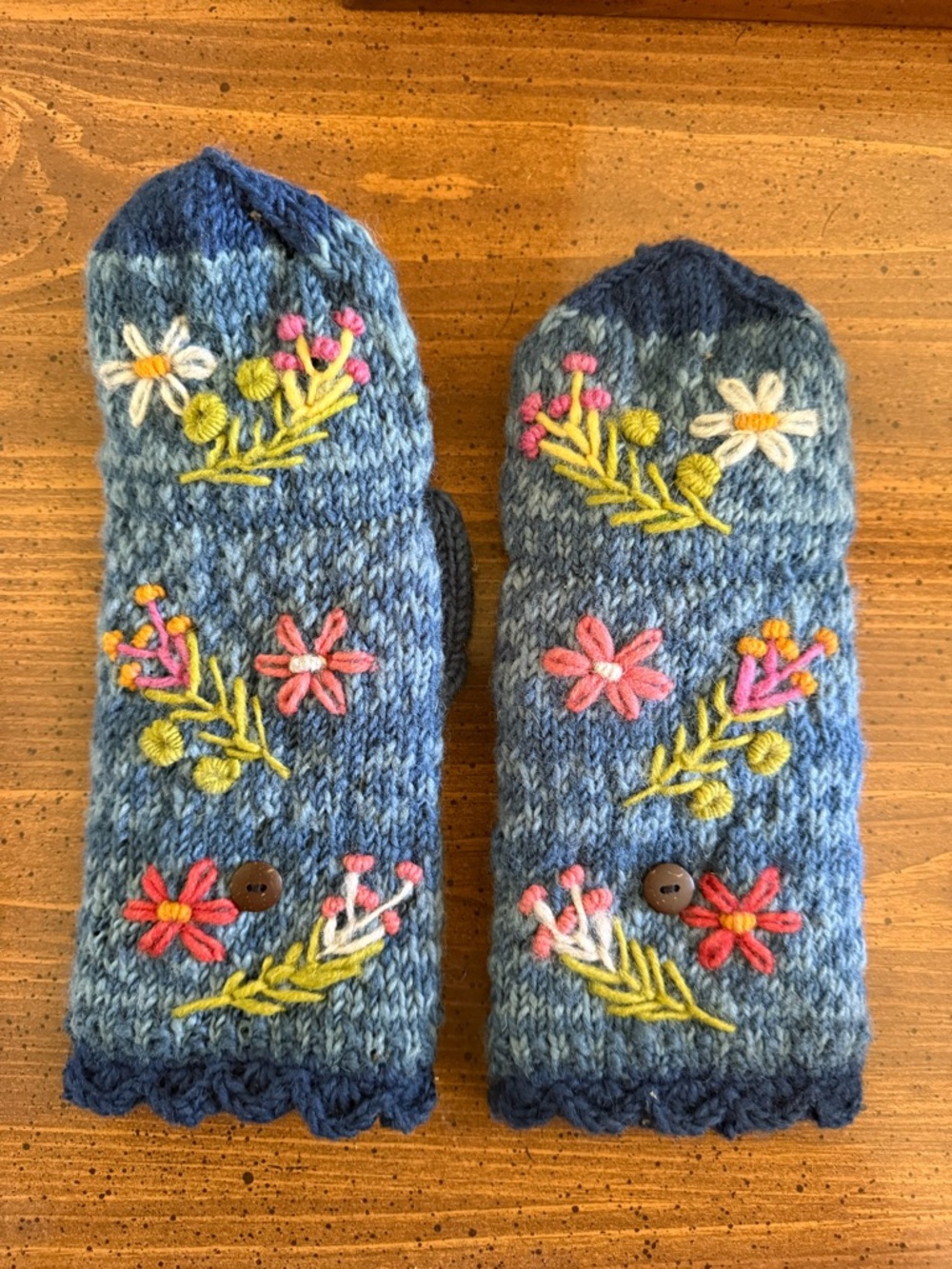 Hand-Knit Blue Floral Embroidered Mittens